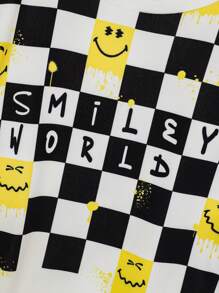 SmileyWorld® | SHEIN Tween Boy Cool Smiling Face Black & White Plaid Short Sleeve T-Shirt & Shorts Pajamas Set