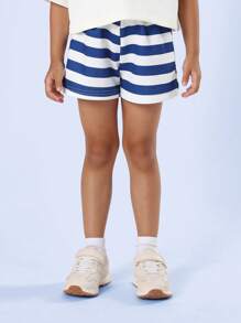 SUMWON 假日冲浪城夏季海滩条纹两件套宽松短款上衣短裤套装青少年时尚运动装假日沙滩装 - 寶藍色 - 查看 4