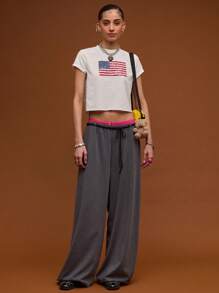 COUREZ Pantalones de pierna ancha de tiro bajo con cordón, para verano para mujeres, estilo casual de calle, vintage Y2K - Gris Oscuro - Ver 2