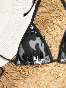 SHEIN Swim Women's Halter Neck Camouflage Print Bikini Top For Summer - Black - View 3