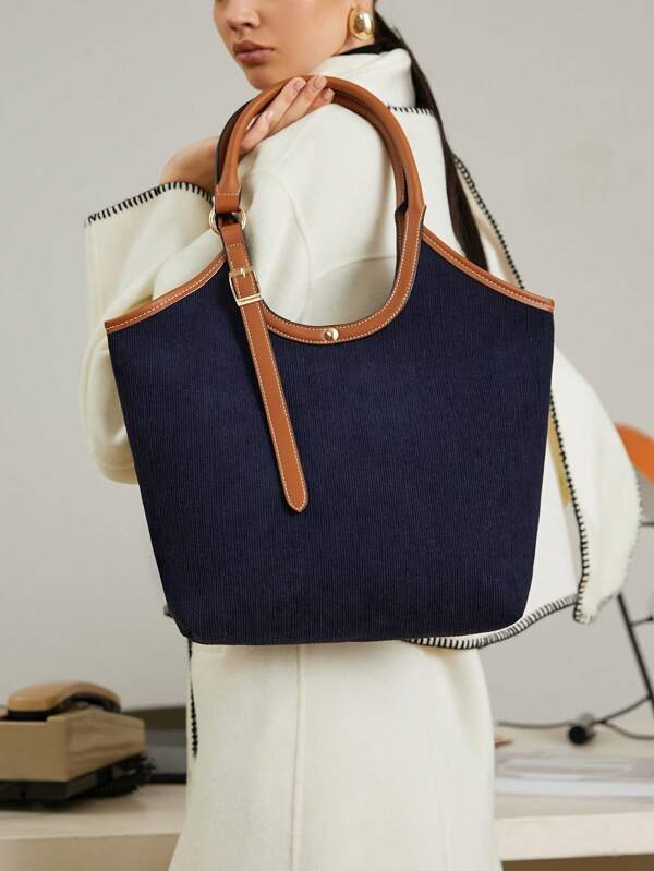 SHECARRY Damen Lässig Shopper Tasche aus marineblauer Cord, leicht und mit großer Kapazität, perfekt für den täglichen Gebrauch