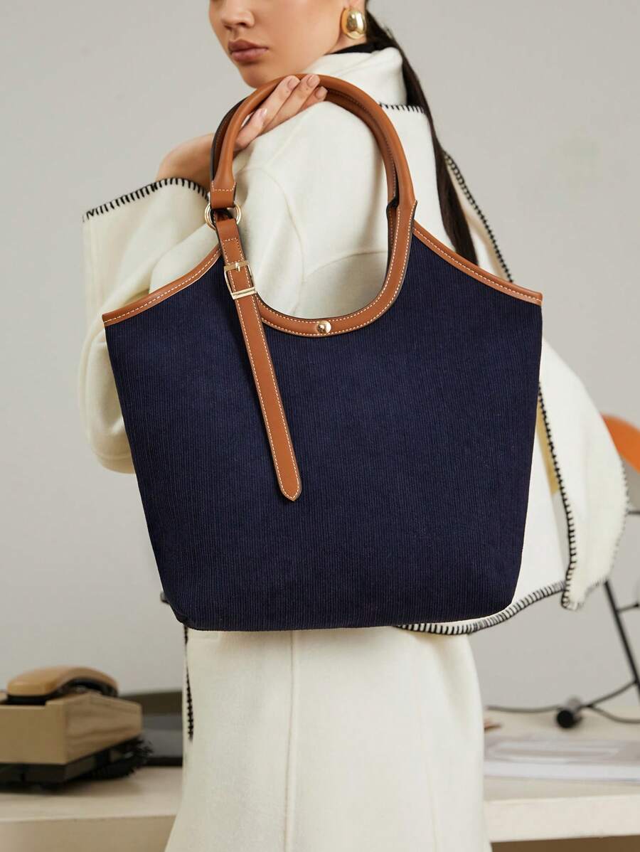 SHECARRY Women Casual Tote Bag In Navy Blue Corduroy, Light Weight And Large Capacity, Perfect For Daily Use - Navy Blue - View 1