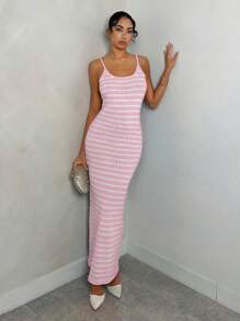 Glamine Elegant Sleeveless Midi Length Black & White Striped Knitted Dress For Women, Spring/Summer Vacation Outfits Women Skirt - Pink - View 4