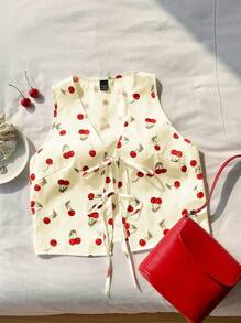 Comfortcana 樱桃印花系带休闲假日女式衬衫 - 黃色 - 查看 8