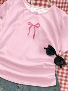 SHEIN Tween Girls Butterfly Print Fitted Casual Knit Pink Round Neck Ruffle Short Sleeve T-Shirt, Suitable For Summer