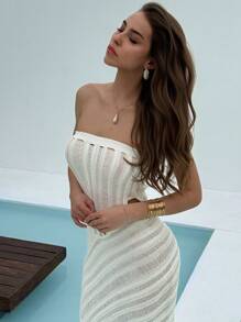 Aloruh Women's Summer Solid Color Hollow Asymmetric Hem Strapless Tube Knitted Dress - White - View 7