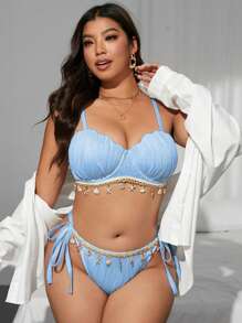 SHEIN Swim Curve 加大码 2 件女式海洋网状纹理钢圈聚拢比基尼泳装，优雅海滩度假时尚 - 淺藍色 - 查看 6