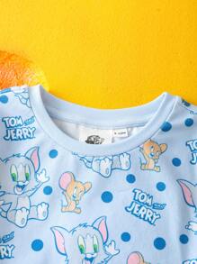TOM & JERRY X SHEIN Baby Boy Cartoon Pattern Blue Cute & Funny Short Sleeve T-Shirt And Cute Bib Overalls Set