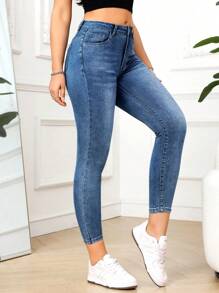 SHEIN PETITE Women's Pocket Skinny Casual Versatile Jeans - Light Wash - View 6