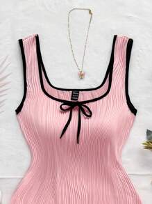 Soleia New Tie Ribbon Bow Knit Bodysuit, Elegant Color Block Vacation Casual Versatile - Baby Pink - View 7