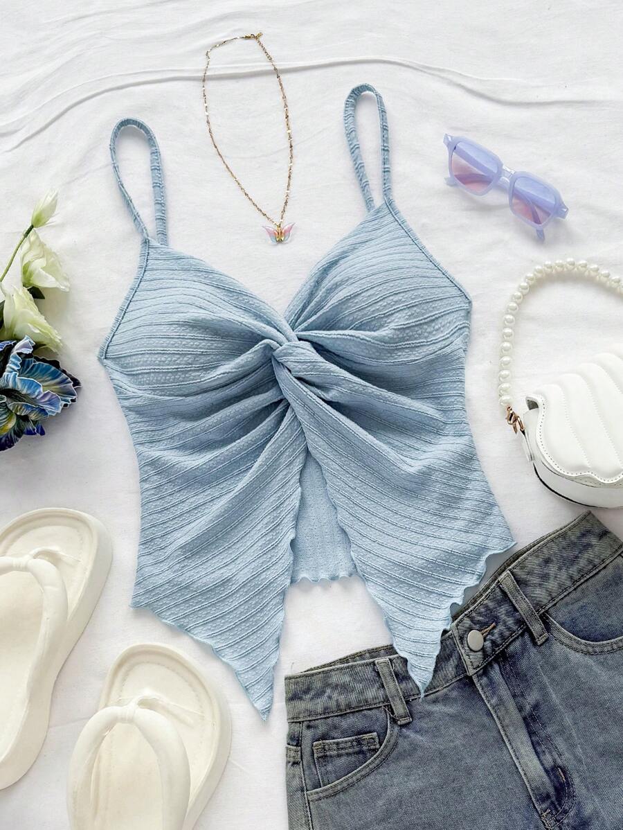 Soleia Áo dệt kim không tay có họa tiết dành cho nữ với phần ngực xoắn và viền xếp nếp, thanh lịch cho kỳ nghỉ, tiệc tùng, đêm hẹn hò, ngày lễ tình nhân, lễ hội hóa trang, bãi biển, du ngoạn, trà chiều - Màu xanh nhạt - Xem 1