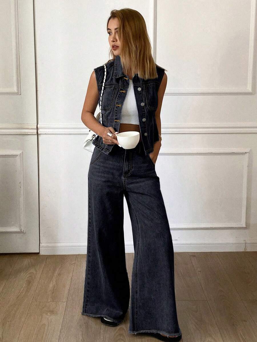 Livesso Bộ đồ denim nữ xuân hè dạo phố thường ngày màu trơn không tay áo khoác + quần ống rộng - Rửa tối - Xem 1