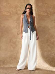Glamine Áo khoác blazer hở lưng cổ chữ V gợi cảm không tay - Màu xám đen - Xem 3