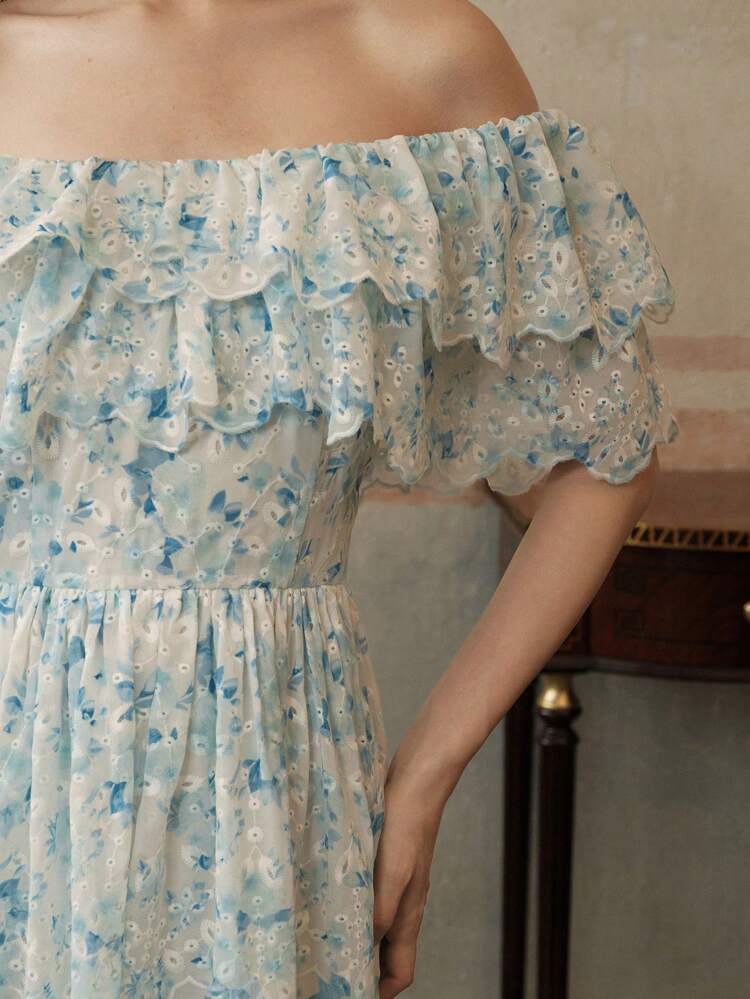 Women's Floral Embroidery Ruffles Off Shoulder Elegant Slimming Spring Summer Dress, Suitable For Vacation, Festival, Graduation