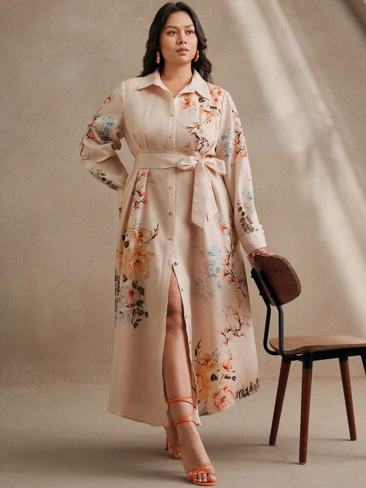 Women Elegant Date Night/Party/Vacation Ruched Waist Shirt Dress With Floral Print