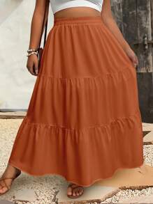 Breezaya Plus Size Casual Solid Color Skirt Maxi Skirt - Brown - View 4