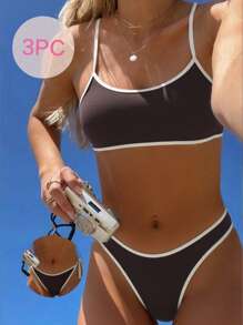 Swim Vcay 2025年新款3件套女士细肩带无钢圈纯色抹胸比基尼泳装套装