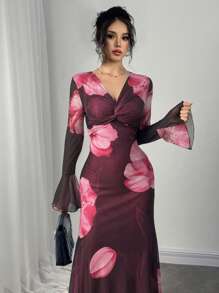 Modelyn V-Neck Flare Sleeve Romantic Bodycon Dress, For Women, Spring/Summer Fall Cloth For Women - Multicolor - View 2