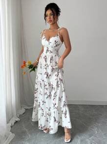 Elenzga 女士碎花荷叶边下摆无袖连衣裙，适合度假穿着