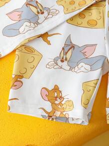 TOM & JERRY X SHEIN Ensemble de 2 pièces pyjama : T-shirt à manches courtes blanc décontracté et confortable avec imprimé de fromage et dessin animé de jeune garçon, et short