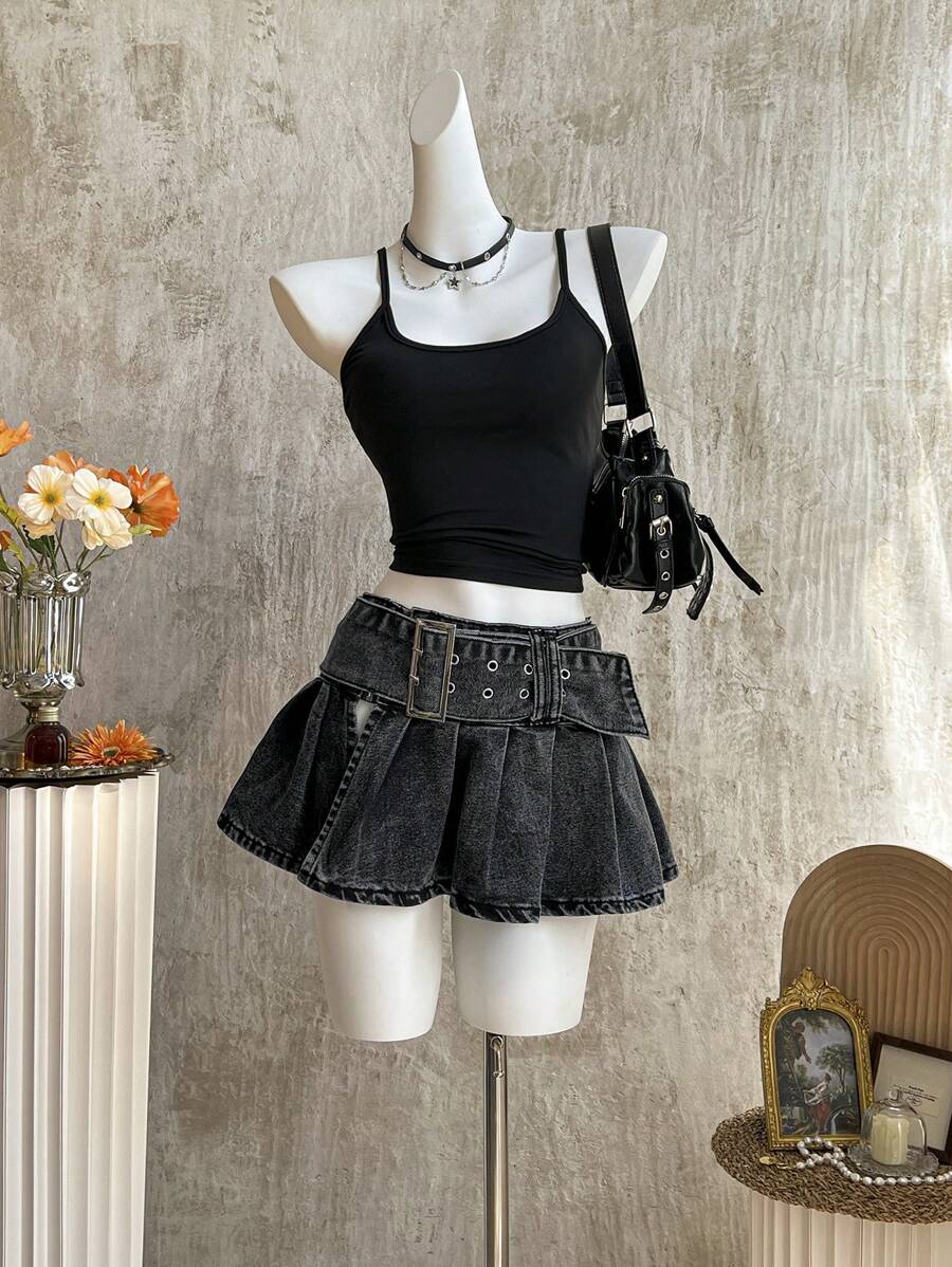 Attitoon ICON 女款高低褶开衩牛仔半身裙