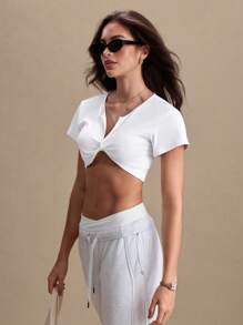 SHEIN Sports Ladies' Casual Twist Hollow V-Neck Short Sports T-Shirt, Spring/Summer - White - View 7