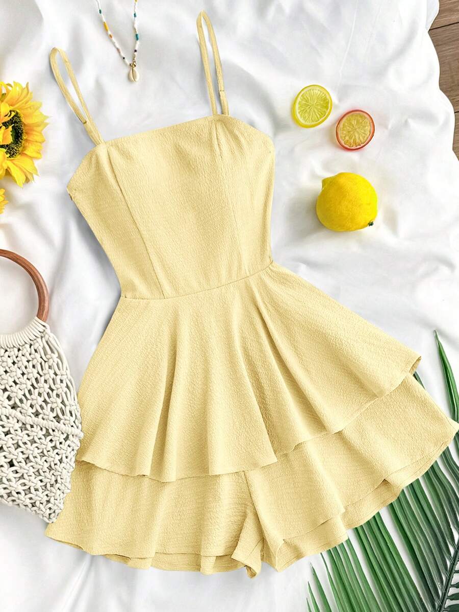 SHEIN Teen Girls Spring/Summer Yellow Textured Woven Ruffle Layered Casual Jumpsuit With Large Bow, Waisted Vacation Style - Yellow - View 1