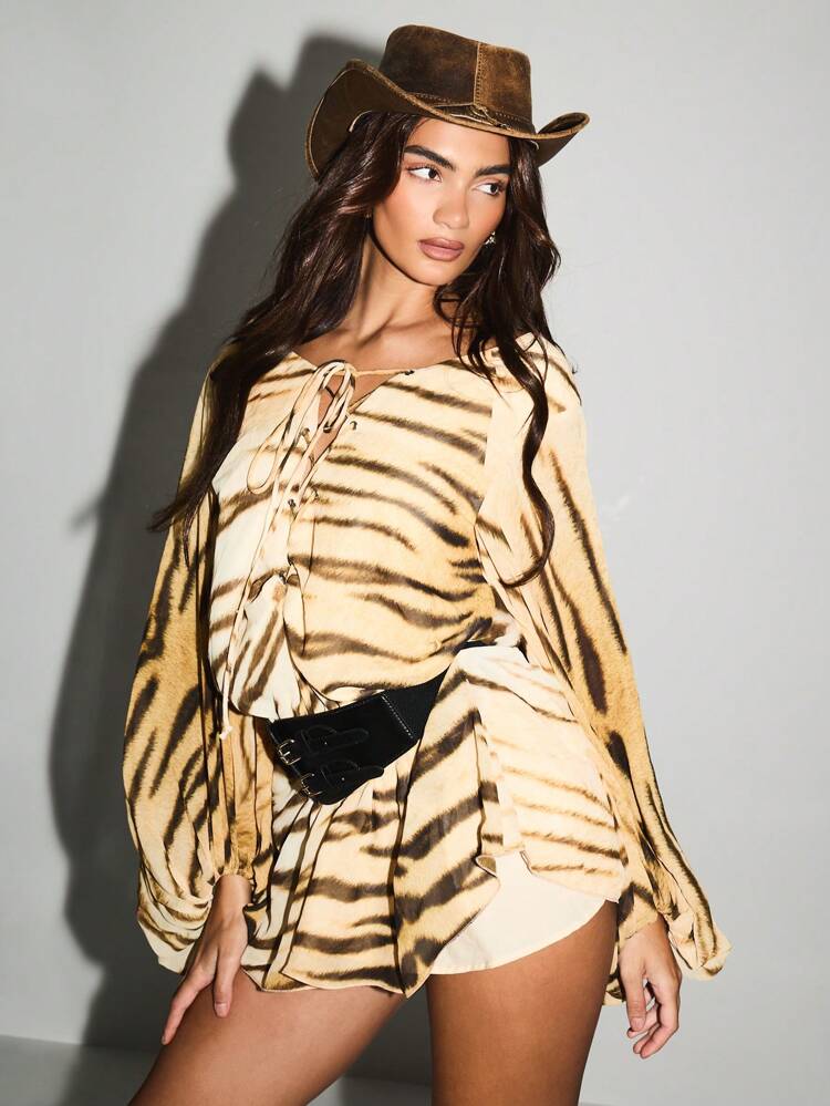 KIZN Tiger Print Balloon Sleeve Lace Up Front Western Style Mini Dress