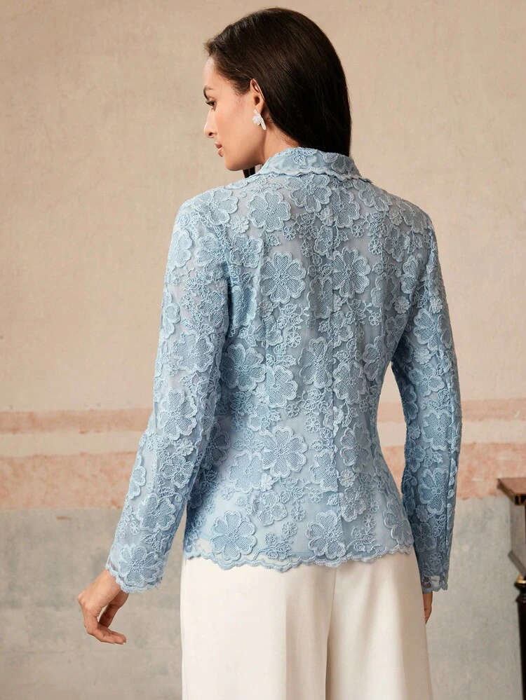 Floral Lace Resin Buttons Turn-Down Collar Long Sleeve Padded Shoulder Fitted Blazer Jacket, For New Year, Spring/Summer, Festival, Graduation