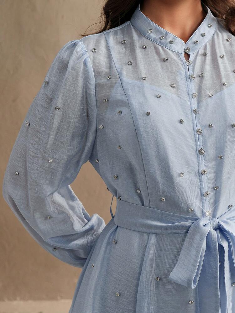 Plus Size Women Rhinestone Decor Belted Cardigan Shirt Dress, Elegant & Versatile, Blue