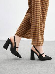 CUCCOO BIZCHIC 基本款简约黑色绒面革粗跟尖头系带时尚女鞋 - 黑色 - 查看 4
