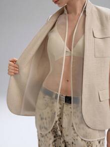 LYSMO 2025 春夏新品女款中性风亚麻质感网眼拼接多层无袖背心，立领、束腰带和双口袋实用设计，融合复古时尚与现代简约风格，是轻松办公室造型或优雅日常穿着的完美之选，是百搭衣橱必备单品 - 杏色 - 查看 10