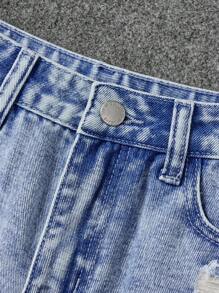 SHEIN Quần short denim họa tiết trang trí rách rưới cho bé gái tuổi teen - Rửa nhẹ - Xem 4