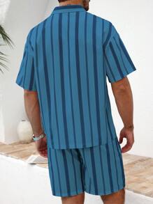 Manfinity Homme 2 件男士条纹短袖衬衫和短裤套装，休闲夏季服装 - 藍色 - 查看 2