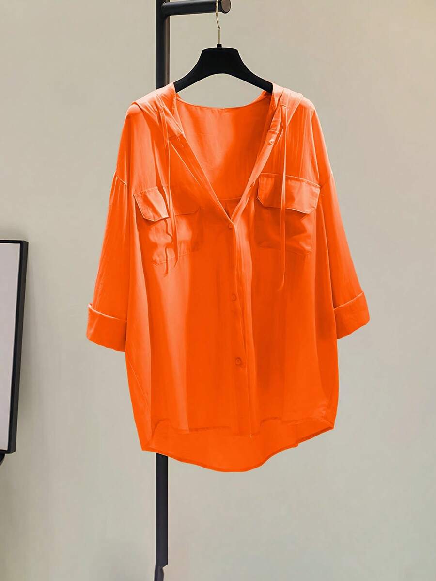 INAWLY Camisa casual con capucha de unicolor, bolsillo con solapa y botones delanteros para mujeres - Naranja - Ver 1