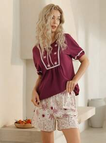 Lullawish Conjunto de pantalones de pijama holgados con estampado bohemio y color contrastante para mujer