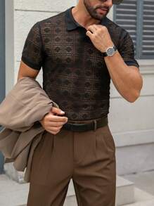 Manfinity Homme Men's Hollow Geometric Design Daily Wear Short Sleeve Polo Shirt - Black - View 3