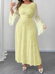 Elenzga Vestido maxi de línea A con cuello redondo, mangas acampanadas, textura de punto, cintura ceñida, para mujeres de talla grande. Vestido casual de cumpleaños para mujeres, ropa de verano y otoño para mujeres. - Amarillo - Ver 6