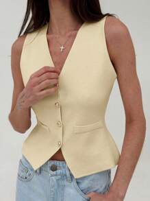 Aloruh Elegante chaleco de punto de unicolor con cuello en V minimalista para otoño/invierno con botones de metal modernos, top de punto