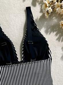 Swim Vcay Women Striped Print One-Piece Swimsuit, Perfect For Vacation For Summer - Black and White - View 5