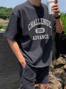 DAZY Conjunto de 2 piezas para hombre, camiseta de manga corta con estampado de letra y pantalones cortos - Azul Marino - Ver 3