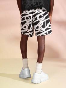 SUMWON Quần short thể thao mùa hè bằng nylon họa tiết xoáy cao cấp, cạp rút, chạy bộ, bóng rổ, tập gym hiệu suất - Đen và trắng - Xem 2