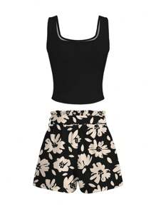 Glamance Vecteezy Conjunto de 2 piezas de camiseta de tirantes y shorts con estampado floral blanco y negro, estilo de vacaciones de verano para mujer - Negro - Ver 3