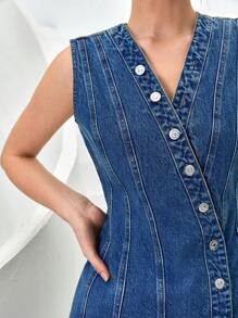 CLARA VERO Women's V-Neck Single Breasted Casual Sleeveless Denim Dress - Medium Wash - View 5