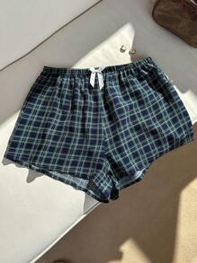 SHEIN Plus Size Blue Plaid Printed Bow Decor Sleepwear Shorts