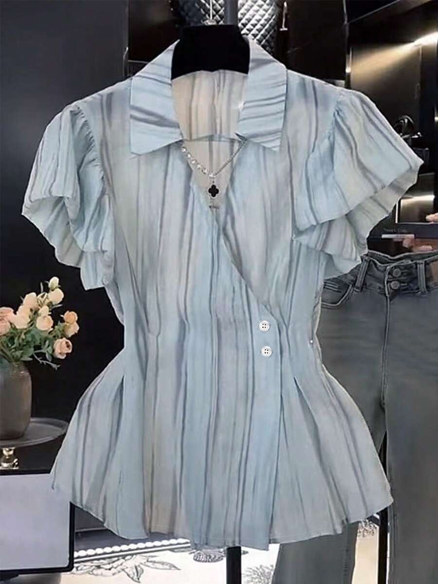 SHEIN Áo sơ mi sọc xanh nhạt đơn giản tay ngắn cho nữ - Màu xanh nhạt - Xem 1