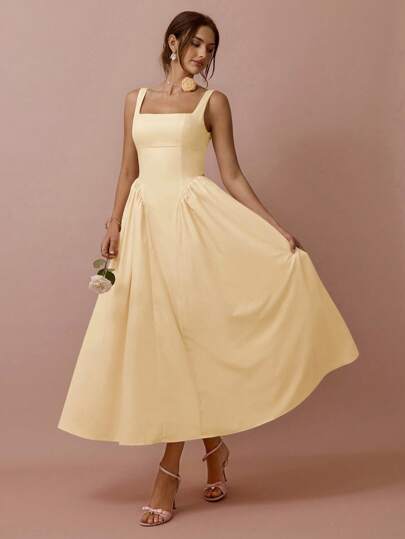 Enchnt 1pc Women Square Neck Pleated Sleeveless Elegant Dress Butter Yellow Dress