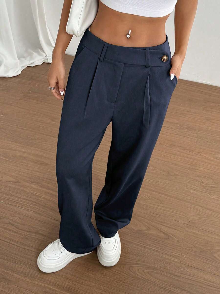 Flirla Petite Quần ống đứng xếp ly đơn sắc rộng rãi có túi cho nữ - Màu xanh hải quân - Xem 1