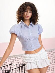 SHEIN MOD Blusa con cuello a rayas y mangas abultadas linda - Azul y blanco - Ver 7