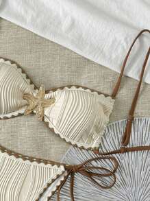 Swim Basics Bộ bikini họa tiết kim loại trơn màu mới dành cho nữ, dễ mặc/cởi, gợi cảm với viền dệt, mùa hè - Màu be - Xem 5